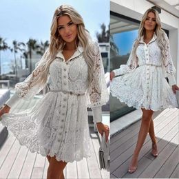 Casual Dresses Women Shirt Dress Sexy Lace Hollow Lace-up Long Sleeve Single-breasted Lapel White Elegant Office Lady Short Cloth Lugentolo