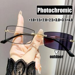 Sunglasses Fashion Rimless Square Pochromic Blue Light Blocking Women Men Reading Glasses Finished Far Sight Eyewear Diopter