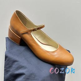 Casual Shoes Retro Light Brown Leather Round Toe Front Trip Strap Low-heel Mary Jane Belt Buckle Dress Summer Women's