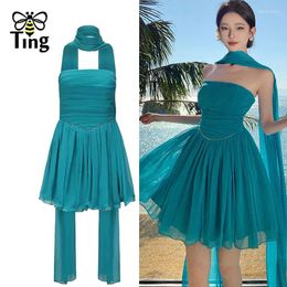 Casual Dresses Tingfly Women Summer Solid Colour Strapless Cute Party Night Dress Lady Girl Mini Short With Scarf Designer