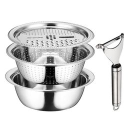 Stainless Steel Drain Tray Grater Mixing Bowl Basin Set With Vegetable Cutter Chopper Peeler 5Quart Set Of 4 Storage Baskets2972542