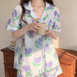 Home Clothing Purple Flowers Pyjamas Women Summer Spring Satin Silk Short Sleeves Shorts Tulip Advanced Sense Homewear Sets Thin Pyjamas