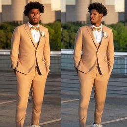 Handsome khaki Mens Suit peaked Lapel Wedding Tuxedos three Pieces Groom Wear one button formal Prom Evening Blazers With Vest Jackets And Pants
