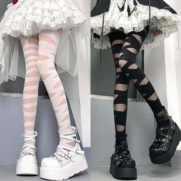 Women Socks Lolita Cute Long Tights Silk Black White Sexy Stockings For Woman Pantyhouse Cross Stripe Summer Breathable Ladies