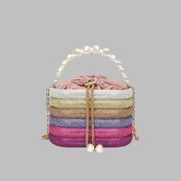 Factory sales women shoulder bags 5 Colours popular diamond-encrusted chain bag sweet Colourful sequined fashion handbag elegant cylinder Western Pearl handbag