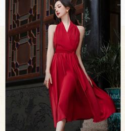 Casual Dresses High Quality French Summer Red Satin Prom Party Dress Vintage Women Halter V Neck Sleeveless Off Shoulder Lace Up Midi