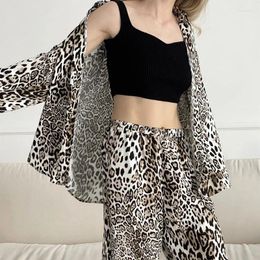Home Clothing European And American Autumn Fashion Leopard Print Satin Ladies' Homewear Cardigan Long Sleeve Pants Pajamas Two-Piece Set