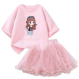 Clothing Sets Childrens Fashion Set Childrens Short Sleeves Cute Girl Graphic Top and Graphic Tight Top 2024 Youth Summer T-shirt SetL2405