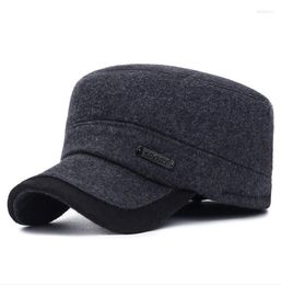 Autumn Winter Thick Flat Top Hats For Men Military Cap With Ear Flaps Army Sailor Captain Caps Dad Hat Wide Brim Delm229015011