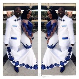 White Satin Royal Blue Lace Aso Ebi African Prom Dresses Long Illusion Sleeves Applique Evening Formal Gowns Pageant Celebrity Dress 2450