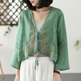 Ethnic Clothing 2024 Chinese Style Cotton Linen Cardigan Top Retro Embroidered Dainty Outerwear Summer Sun Protection Lace Up
