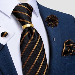 Neck Tie Set Classic Brown Black Striped Mens Neck Tie Brooche St 8cm Width Mens Ties Wedding Accessories Gravata Gift For Men