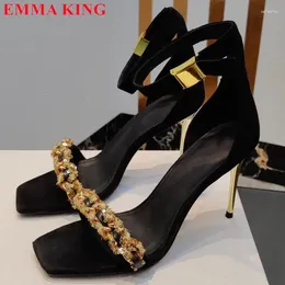 Sandals 2024 Metal Buckle High Heels Women Bling Sequined Chain Prom Fashion Party Wedding Ankle Strap Shoes Woman