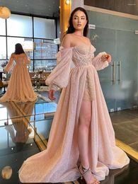 Party Dresses Sparkly Women's Evening Dress Off The Shoulder Puffy Sleeves Long A-Line Split Floor Length Wedding