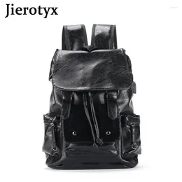 Backpack JIEROTYX Vegan Leather Vintage Laptop Bookbag For Women Men Black Purse College School USB Port