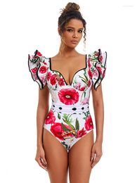 Women's Swimwear Fashion Printed Ruffled One Piece Woman Swimsuits 2024 Sexy Deep V-neck High Waisted Bikini Swimsuit Push Up Brazilian