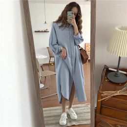 Casual Dresses Vintage Spring Women Long Dress 2024 Lady Sleeve Cotton Shirt Turn-down Collar Loose Elegant Oversized