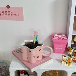 Mugs Flower Cherry Mug Coffee Cup Ceramic Breakfast Lovely Water Korean Pink With Handle