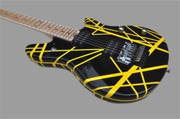 Factory Custom Black Electric Guitar with Yellow Strips Maple Fretboard Chrome Hardwares Double Rock Bridge Can be Customized