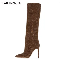 Boots Rhinestone Knee High For Women Pointed Toe Heel Winter Shoes 2024 Ladies Large Size Gorgeous Crystal Long Boot