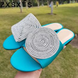 Slippers Square Circular Asymmetry Crystal Women Ethnic Style Luxury Rhinestone Flat Summer Sexy Slip Dress Party Shoes