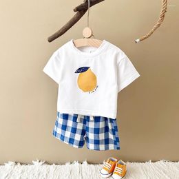 Clothing Sets 2024 Born Summer Baby Boys Clothes Girls Set Lemon Fruit Print Short Sleeve T-shirt Checked Shorts Beach Infant Toddler 0-3Y