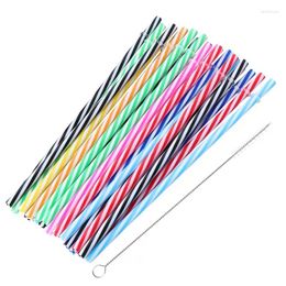Drinking Straws 25pcs Two Colors Threaded Reusable Plastic Thick Mason Jar For Party Or Home Use With Brush