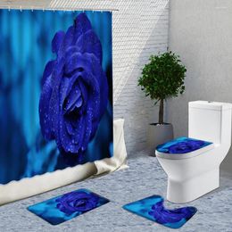 Shower Curtains 3D Blue Rose Flower Curtain Fabric 4-Piece Set Bathroom Red Non-Slip Rug Toilet Lid Cover And Bath Mat