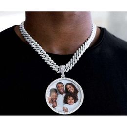 Customized Personalized Picture Hiphop Iced Diamonds Big Circle Photo Pendant Necklace Memory With Thick Chain