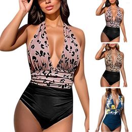 Women's Swimwear Retro Leopard One Piece Swimsuits Women Deep V-Neck Splicing Ruched Bathing Suits High Waist Backless Sexy Halter