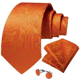 Neck Tie Set Luxury Orange Paisley Solid Luxury Silk Ties for Men with Handkerchief Cufflinks Tie Tack Chain Business Party Accessories Gift