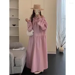 Casual Dresses Korean Chic Spring Sweet Slash Neck Front And Back Wearing Drawstring Loose Lantern Sleeves Dress Long For Women