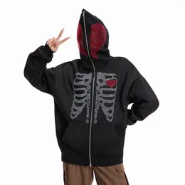 Women's Hoodies Gothic Men Women Grunge Punk Style Rhinestone Skeleton Long Sleeve Zip Up Over Face Hooded Sweatshirts Streetwear Coats