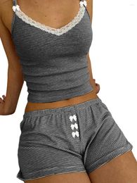 Home Clothing Women Striped Pyjama Set Lace Trim V-neck Sleeveless Slim Camisole With Bow Shorts Comfy Cosy Sleepwear Loungewear For Female