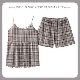 Women's Sleepwear Korean Plaid Print Pajamas Set For Women Summer Lovely Cotton Girls Nightwear Short Sleep Tops And Shorts Pant Mujer