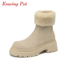 Boots Krazing Pot Cow Suede Round Toe Winter Warm Snow Thick Bottom Punk Style Sweet Beauty European Design Young Ankle