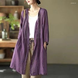 Women's Jackets Cotton And Linen Cardigan Coat Sun Protection Medium Length Jacket 2024 Summer Retro Loose Air Conditioned Shirt