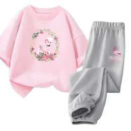 Clothing Sets Girls summer clothing set childrens short sleeved flamingo swan t-shirt+anti mosquito pants 2-piece set childrens cartoon song setL2405L2405