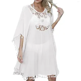 Women Beach Dress Tunic Cover Up White Beachwear Tassel Boho Ups Pareo Dresses Cover-Ups Summer Hollow Loose Smock Cape
