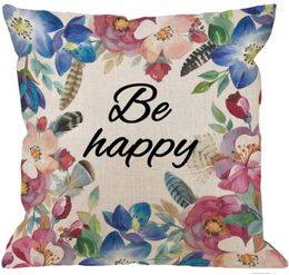 Pillow Sayings Be Happy Cover Simple Floral Leaf Case Cotton Linen For Bed Sofa 18 X Inches Home Decoration