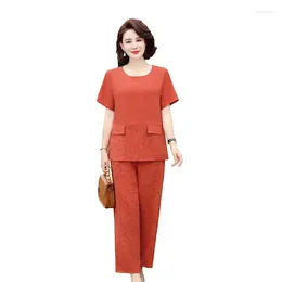 Women's Two Piece Pants 2Pcs/Set O-Neck Short Sleeve Elastic Waistband Pockets Casual Outfit Mid-aged Women Printing T-shirt Wide Leg