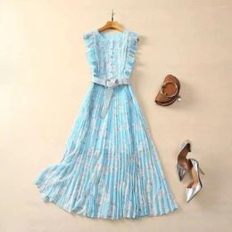 Casual Dresses Europe And The United States Women's 2024 Winter Round Neck Sleeveless Print Wood Ears Fashion Pleated Dress With Belt XXL