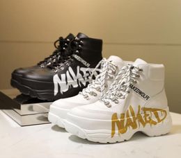 Woman Brand New Naked Wolfe Boots Spirit Gold Silver White Black Leather Graffiti Shoes Fashion Design Hightop Sneakers Laceup T4453214