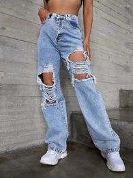 Women's Jeans High Waist Fashion Trend Distressed Denim Pants Women's Clothing Washing Light Blue Pocket Straight Trousers Street