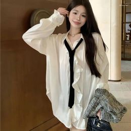 Women's Blouses Spring Elegant Satin Blouse Vintage Ruffled Fashion Women Turn-Down Collar Long Sleeved Preppy Temperament Shirt Tops J323