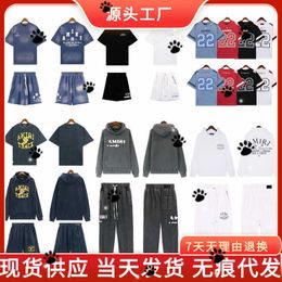 Collection AM1R1 Trendy Simplified Letter Mens and Womens Same Style Short sleeved T-shirt Set Hoodie