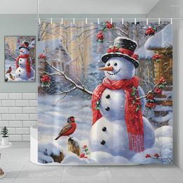 Shower Curtains Christmas Curtain Winter Holiday Snowman Red Bird Tree Snowy Forest Farm Gift Colored Light Bathroom Decoration