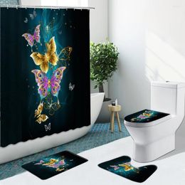 Shower Curtains Color Butterfly Golden Curtain Palm Leaf Flower Non-Slip Flannel Rugs Toilet Cover Bath Mats Bathroom Set Floor Mat Decor