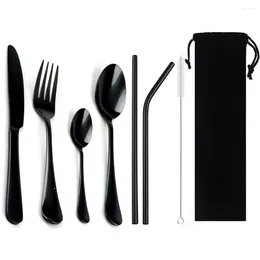 Dinnerware Sets 8-Pcs Black Portability Metal Straw Stainless Steel Colourful Tableware Steak Knife Fork Teaspoon Dinner Cutlery Set
