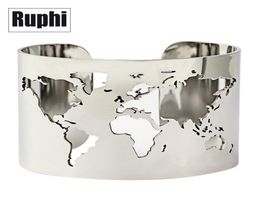World Map Cutout Cuff Bangle Bracelet Travel Peace Jewellery Stainless Steel 40mm Wide Laser Engraving Fine Polished Circle Angle J6187040